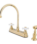 Brass Deck Mount Kitchen Faucet With Sprayer, 8-1/2 Inch Gooseneck, 8-Inch Center, Polished Brass Finish, 1.8 GPM Flow