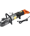 Heavy Duty Portable Electric Rebar Cutter And Hydraulic Steel Bar Bender Featuring Integrated Threading Straightening And Lightning Fast Cutting Grind For Job Site Ready Use in silver and orange design.