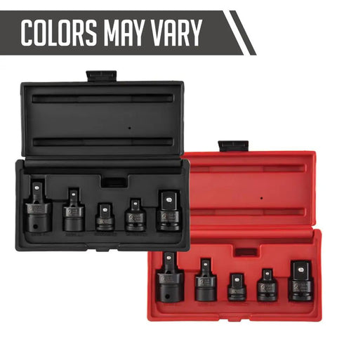 Five Piece Three Eighths And One Half Inch Drive Impact Adapter And Universal Joint Set in CRMO Steel in black and red cases