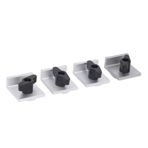 4 Pack T Track Stop Block Kit With Aluminum Alloy Silver Anodized Finish shown from the front with knobs for woodworking use