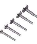Five-piece hinge drill bit set for cabinet hinges; steel bits sizes Ø15–Ø35 mm