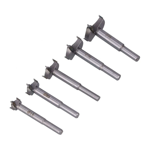 Five-piece hinge drill bit set for cabinet hinges; steel bits sizes Ø15–Ø35 mm