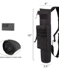Lightweight Back Archery Quiver With Dual Use Foldable Hip Bag Compact Arrow Carrier shown with size dimensions and MOLLE design