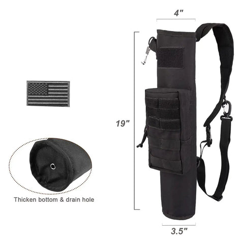 Lightweight Back Archery Quiver With Dual Use Foldable Hip Bag Compact Arrow Carrier shown with size dimensions and MOLLE design