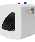 110V Plug And Play Mini Tank Water Heater 3.96 Gallon Under Sink Kitchen Instant Hot Booster 1500W with control knobs and blue red fittings.