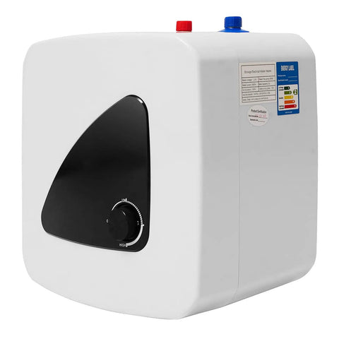 110V Plug And Play Mini Tank Water Heater 3.96 Gallon Under Sink Kitchen Instant Hot Booster 1500W with control knobs and blue red fittings.