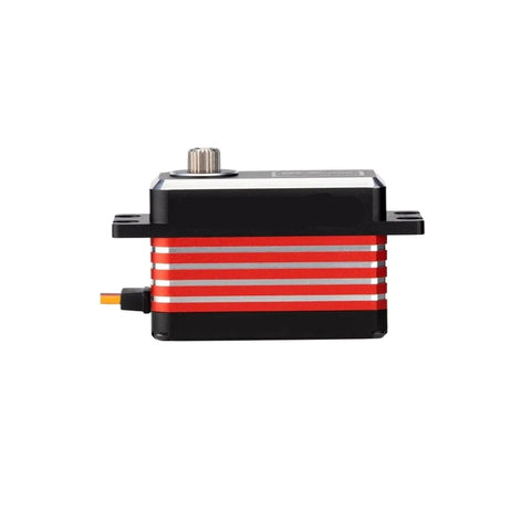 High Performance RC Servo With Steel Gears And Coreless Build Delivers Hella Fast Zero Point One Second Response Along With 35 Kg Cm Torque At Eight Point Four Volts Includes Forty Five Millimeter Arm, side view with red and black design.