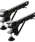 Heavy Duty Foldable Shelf Brackets For Desk Extension Clamps Punch Free Tabletop Mount Black Steel with adjustable knobs.