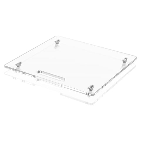 Heavy Duty Slide Out Rolling Dolly For Kitchen Counter Appliance Glide Tray With Sturdy Pull Handle Easy Wipe Down Finish And Effortless Mobility Design, clear acrylic surface.