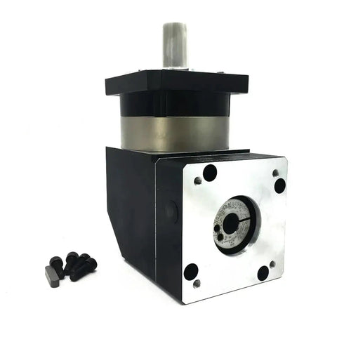Straight Fire 90 Degree Planetary Gearbox Speed Reducer Bulletproof Build For Nema 42 And 52 Stepper Motors High Torque 70 To 1 Ratio Zero Drag Backlash Premium Steel Output Shaft, side view with screws.