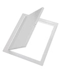 Legit Heavy Duty Metal Wall Access Panel For Drywall With Sturdy Grab Handle Clean Flush Cover For Crawl Space And Plumbing Lines Straight Up Pro Build Hassle Free Installation, white steel panel angled view.