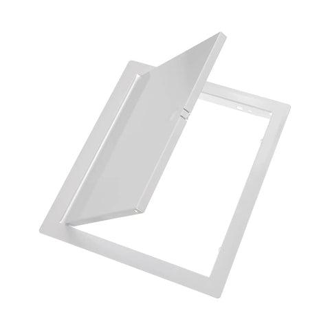 Legit Heavy Duty Metal Wall Access Panel For Drywall With Sturdy Grab Handle Clean Flush Cover For Crawl Space And Plumbing Lines Straight Up Pro Build Hassle Free Installation, white steel panel angled view.