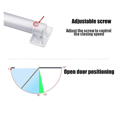 Diagram of Automatic Door Closer 60Kg Heavy Duty with Soft Closure and Adjustable Gas Spring showing screw and positioning stop.