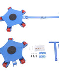 Heavy Duty Machine Skates for Moving Heavy Equipment With 360 Swivel Rollers and Steel Wheels, blue steel dollies with red rollers.
