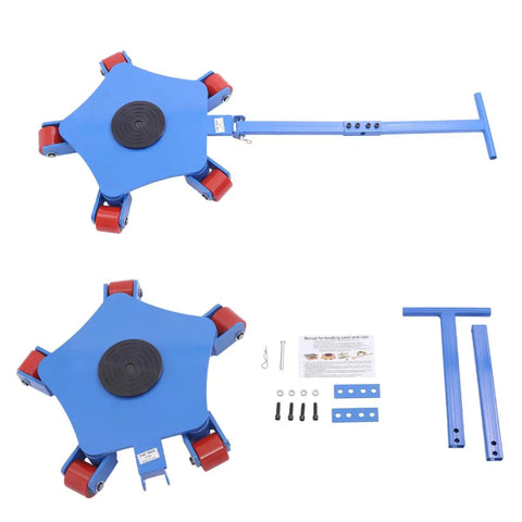 Heavy Duty Machine Skates for Moving Heavy Equipment With 360 Swivel Rollers and Steel Wheels, blue steel dollies with red rollers.