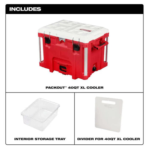 Beefy Milwaukee Packout 40Qt XL Cooler 3Pc Set With Impact Resistant Polymer Body White Red Heavy Duty Rolling Tool Box Built