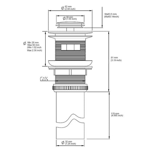 Technical illustration of Easy Install Bathroom Sink Pop Up Drain With Overflow For Openings From 1.57 To 2.36 Inches, dimensions labeled.