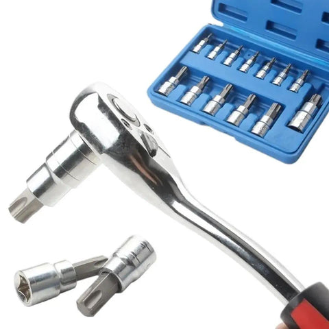 Blue 13 Piece Torx Screwdriver Bit Set For 1/4 Inch 3/8 Inch And 1/2 Inch Hex Socket Driver Tools Featuring Durable Carbon Steel Construction From T8 To T60 Sizes with ratchet and bits
