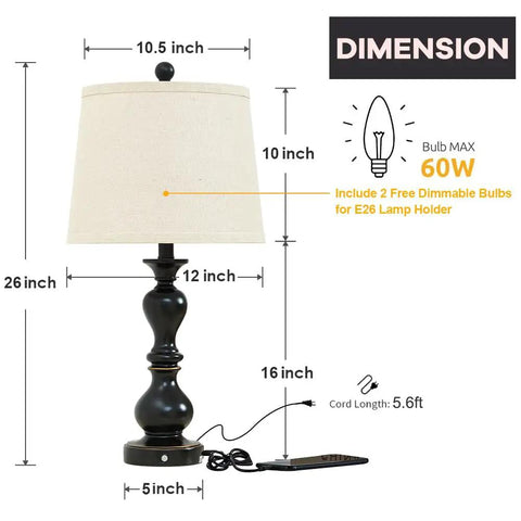 Get These Awesome 26 Inch Tall Rustic Black Farmhouse Table Lamps Set Of Two With Handy Usb Ports Perfect For Bedroom Living Room Study Office Adding Super Warm Cozy Vintage Charm To Your Home - lamp dimensions illustration