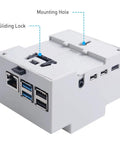 Raspberry Pi 4 DIN Rail Case With Built In Fan Modular Box For Electrical Panels Heat Sinks Included For Pi 4 Model B showing ports and sliding lock.