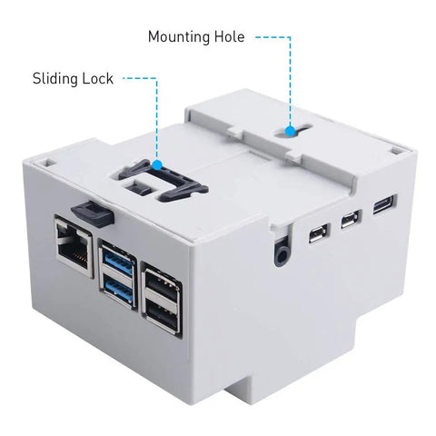 Raspberry Pi 4 DIN Rail Case With Built In Fan Modular Box For Electrical Panels Heat Sinks Included For Pi 4 Model B showing ports and sliding lock.