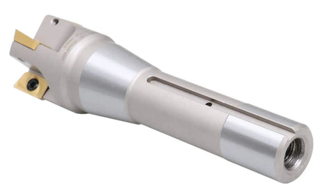 1-1/2 Inch Diameter Indexable End Mill With 6-1/8 Inch OAL, 90 Degree R8 Shank, Four APKT1604 Carbide Inserts Tin Coated, Right-Hand Cut, 90 Degree Cutting Angle, Inserts Installed, No Coolant