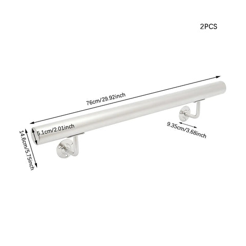 Rock Solid Wall Mounted Stair Handrail Forged From Premium Stainless Steel With Scratch Resistant Finish For Heavy Duty Support Up To Two Hundred Pounds And No Sweat Indoor Installation Today, showing dimensions and sturdy design.