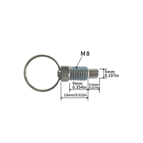 Rock Solid Two Pack Retractable Align Pins With Hassle Free Pull Tab Lock Design Made From Heavy Duty Carbon Steel And Rust Resistant Zinc Plating For Stress Free Machine Shop Setup M8 Short Spec with dimensions.