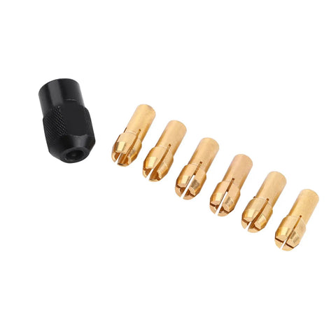 Six Piece Collet Chuck Sleeve Kit 1mm To 3.2mm Capacity With M8x0.75 Cap, brass sleeves and black cap