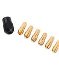 Premium High Performance Collet Chuck Sleeves Set With Multi Size Options Ranging From 1mm To 3.2mm And Easy Fit Black Cap, six brass sleeves and black cap visible.