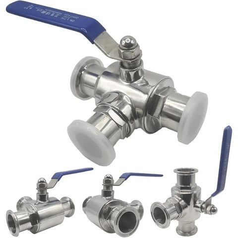 Built Like A Tank Stainless Steel 3 Way Tri Clamp Ball Valve With PTFE Seal showcasing a 90-degree handle and elastic seat.