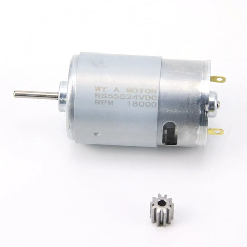 Heavy Duty 24V 200W Metal DL 555C Motors For Kids Electric Cars, showing the motor and gear, RPM 18000, side view