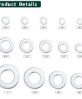 Front view of stainless steel flat washers in multiple sizes from 1/4 in to 1 in; bright finish, 14 washers shown