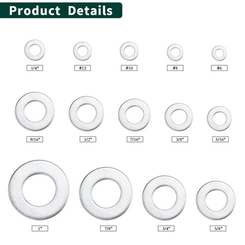 Front view of stainless steel flat washers in multiple sizes from 1/4 in to 1 in; bright finish, 14 washers shown