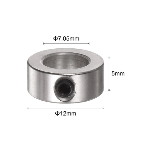 Set-screw shaft collar, metal, 12mm outer diameter, 7.05mm bore, 5mm wide.