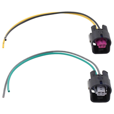 Engine VVT Solenoid Kit With Wire Connector For Chevy GMC Buick Pontiac Cars And SUVs Like Terrain Verano Regal Malibu HHR G6 Cobalt Captiva Aura Ion Vue LaCrosse And More Include Intake Exhaust Camshaft Position Sensor And Actuator showing two wire connectors.