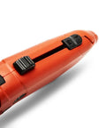 Close-up of Auto Retracting Safety Utility Knife with red thumb bridge grip and quick-change blade mechanism