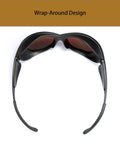 Badass OD5 Laser Safety Goggles With Solid Black Frame show wrap-around design for blocking UV and IR rays effectively.