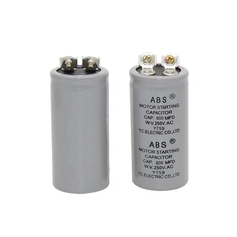 Boost Your Motor With An 800uF 250V AC Start Capacitor For Fifty To Sixty Hertz Motors, shown in gray with terminal connectors.