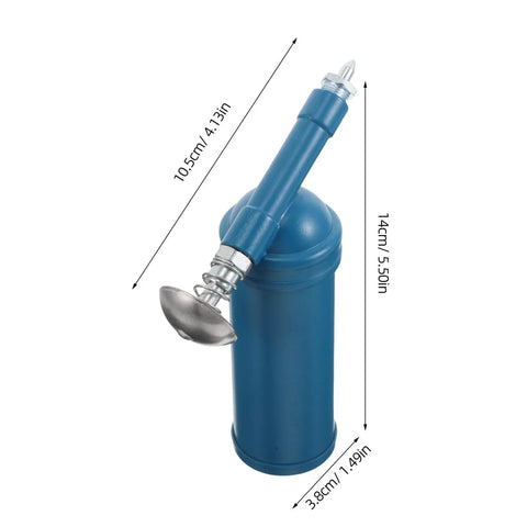 80cc Manual Grease Gun with Precision Locking Nozzle in blue, dimensions labeled for portable use on excavators and industrial equipment.