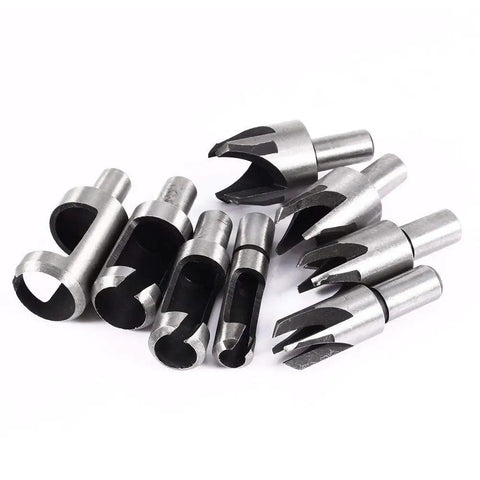 Top Shelf Eight Piece Wood Plug Cutter Set With Straight And Tapered Chamfer Drill Bits For Precision Woodworking Joinery Projects, high carbon steel tools.