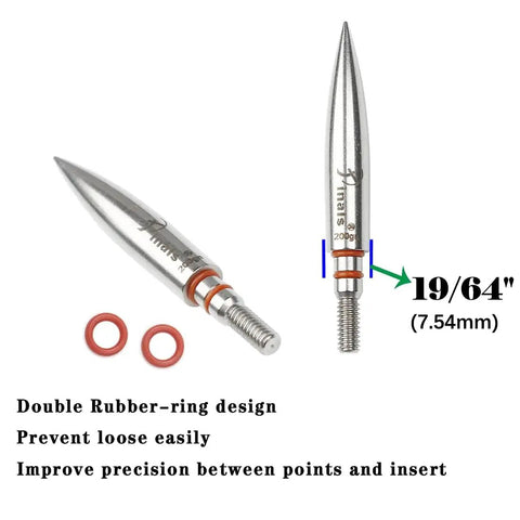 Stainless steel field point arrow tips with double rubber O-ring design, 200g size, marked 19/64 inch, for compound and recurve bows.