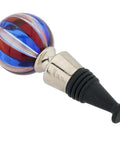 Blue Swirl Murano Glass Bottle Stopper Handcrafted In Venice Italy For Wine Lovers And Barware Buffs With Authentic Traditional Craftsmanship One Of A Kind 1.5 Inch Diameter with red and blue accents
