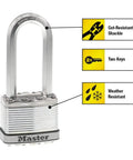 Heavy Duty Outdoor Padlock With Key 4 Pack Keyed-Alike Dual Armor Laminated Steel Body Wrapped In Stainless Steel And Zinc Tough Cut Octagonal Shackle Perfect For Fences Outdoor Storage Sheds Tool Boxes with labeled features