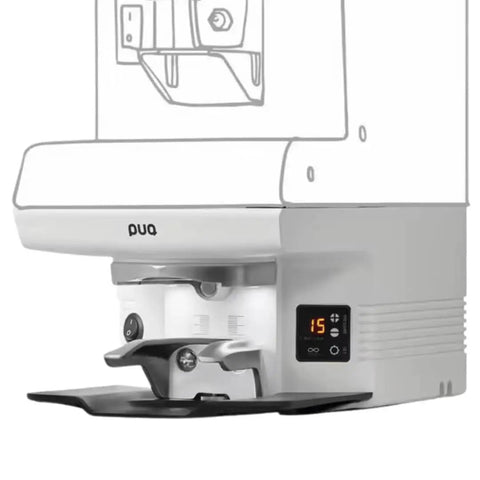 Automatic Espresso Tamper Dialing In Perfect Pressure And Custom Tamping Profiles To Nail That Puck Prep Hassle Free Barista Workflow Smooth White Housing, close-up view, display and tamper feature.