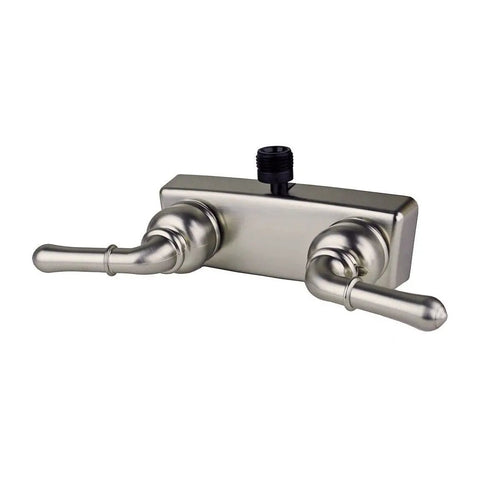 RV And Mobile Home Shower Valve With Handheld Shower Kit, 4-In Centerset 2-Handle Wall Mount, Brushed Nickel Finish, front view.