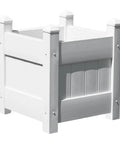 Maintenance Free Vinyl Outdoor Planter Box 16 Inch Square 19 Inch High With 2x2 Leg Supports And One Point Five By Four Rails Hardware Included Made In USA Stackable For Expanding Patio Garden Weather Resistant Construction For Year Round Outdoor Use white square planter with leg supports