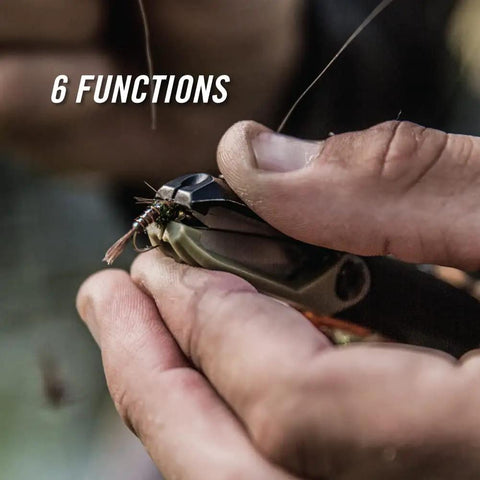 Hands using LineDriver Fishing Multitool 6 In 1 Line Vise Hook Threader Scissors Split Shot Crimper Eyelet Clearing Spike
