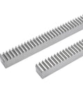 Heavy Duty 6 Piece 2M Module Straight Spur Rack And Gear Set 1000mm X 20mm Steel precision spur racks shown from side view.
