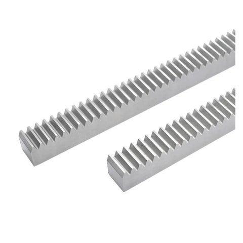 Heavy Duty 6 Piece 2M Module Straight Spur Rack And Gear Set 1000mm X 20mm Steel precision spur racks shown from side view.